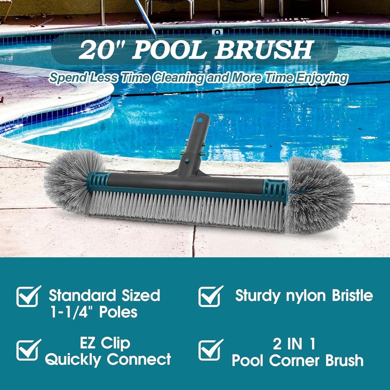 POOLWHALE 20'' Pool Brush Head, Detachable Pool Cleaning Brush with Durable Around Nylon Bristles, EZ Clip Aluminum Handle- Clean Swimming Pools Walls, Steps & Corners Faster - Image 3